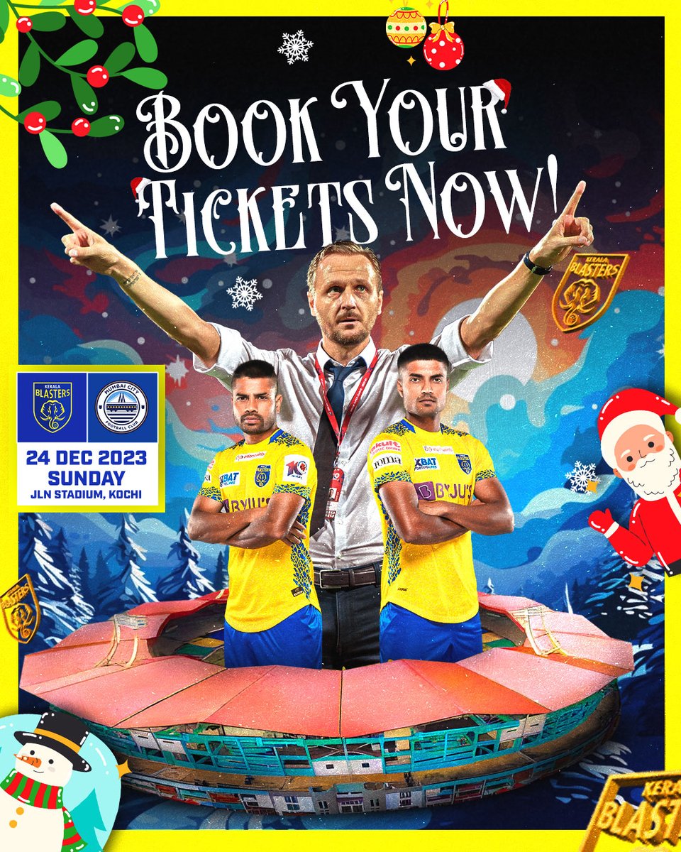 KeralaBlasters's tweet photo. Kick off the festive cheer at the stadium! ⚽🎄

Join us on Christmas Eve as we take on Mumbai City FC at Kaloor 👊 Get your tickets from the link ➡️https://t.co/KMFR0rg64g 

#KBFCMCFC #KBFC #KeralaBlasters https://t.co/eFhGxorj9P