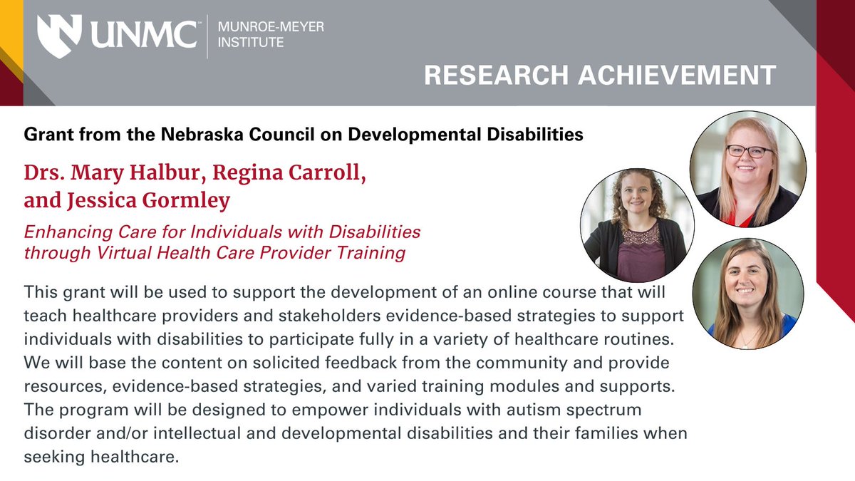 unmc_mmi's tweet photo. Congrats Dr. Halbur (#mmiACTION) & Dr. Carroll (#mmiACT) from #MMIiCASD and Dr. Gormley (#mmiSLP) on receiving a Nebraska Council on Developmental Disabilities grant! #unmcMMI #mmiResearch #ResearchAchievement #Research #Disability #Healthcare #Autism #ASD #IDD @JenniBlackford https://t.co/ii0UG6OHCC