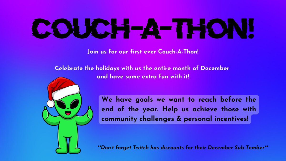 Couch_Campers's tweet photo. GUESS WHAT TOMORROW ISSSS???
DECEMBER 1ST a.k.a THE FIRST DAY OF COUCH-A-THON!
We can't wait to celebrate the holidays with y'all, especially since we have some fun challenges & incentives.
#subathon #twitch #twitchsubathon #couchathon #gamercouple #gamingcouple https://t.co/Ym1S56LEjY