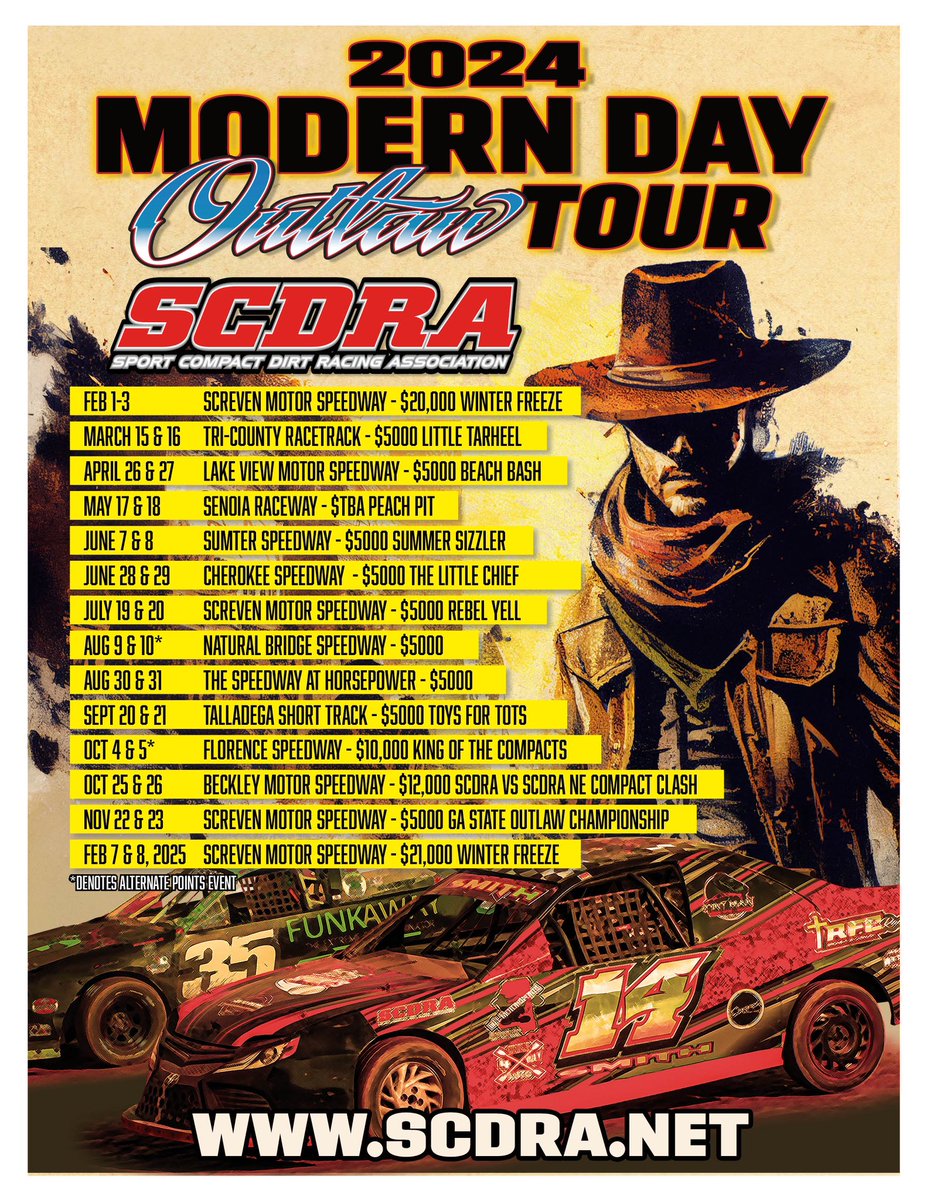 SCDRARacing's tweet photo. Our updated 2024 Modern Day Outlaw Tour schedule for your viewing and planning pleasure. https://t.co/CZcV8WnmjE