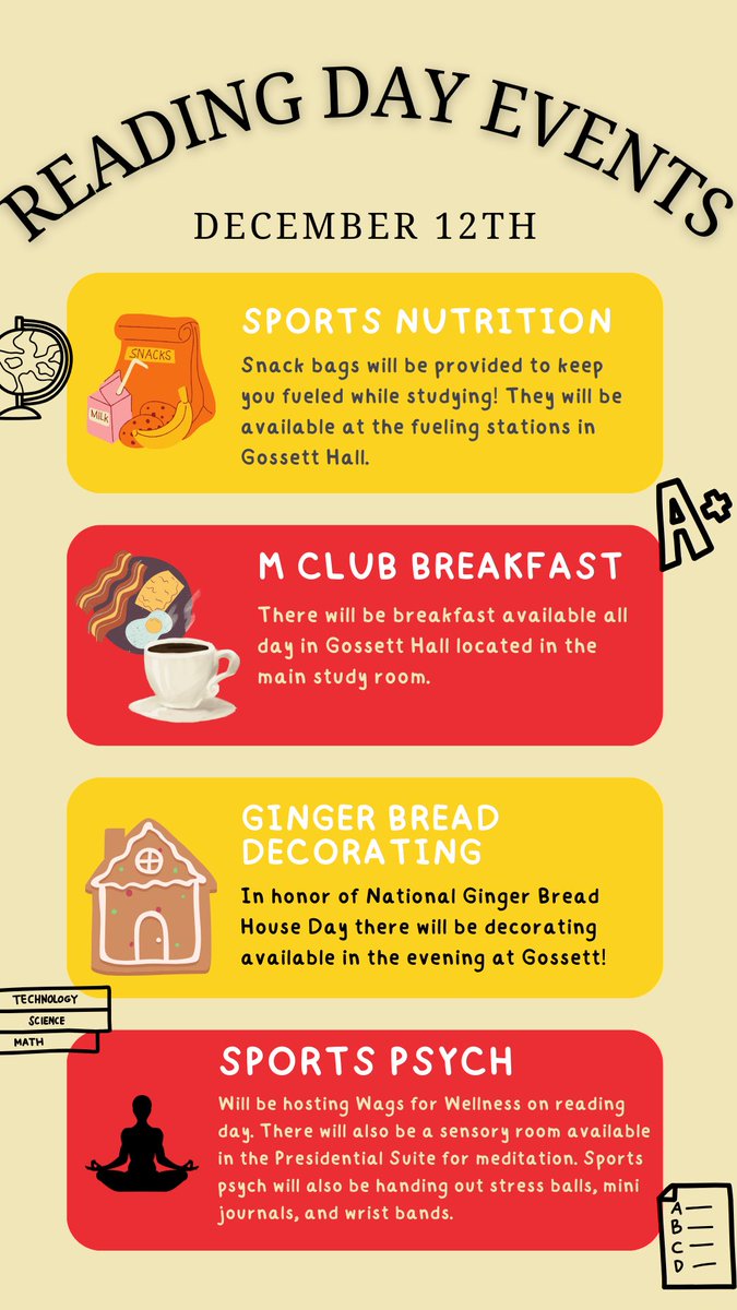 TerpAcademics's tweet photo. As finals week is quickly approaching, our student-athletes are working hard to finish out the semester strong! Sports Nutrition, M Club, GSAC, and Sports Psych want to help celebrate that hard work on Reading Day (December 12th). Check out all of the great events: https://t.co/4LZYOXWhYr