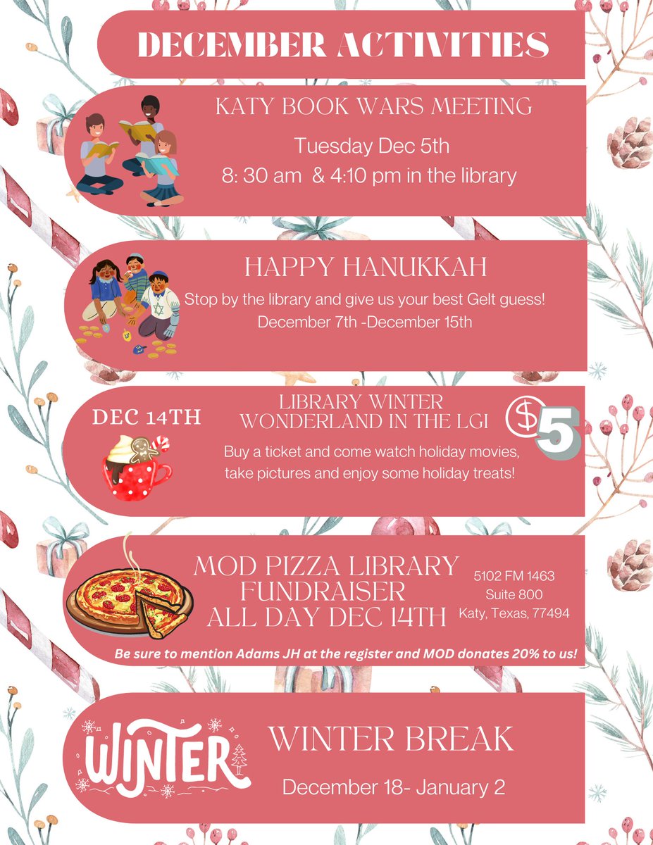 AdamsJHLibrary's tweet photo. There will so much fun and learning at Adams JH this December! https://t.co/a0dJh1vmjC