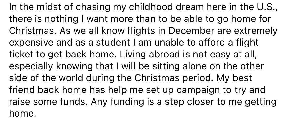 Nicole1500m's tweet photo. In the midst of chasing my childhood dream here in the U.S., there is nothing I want more than to be able to go home for Christmas. Any funding is a step closer to me getting home.

https://t.co/ksWpPWzBk3 https://t.co/xioHZn37t5
