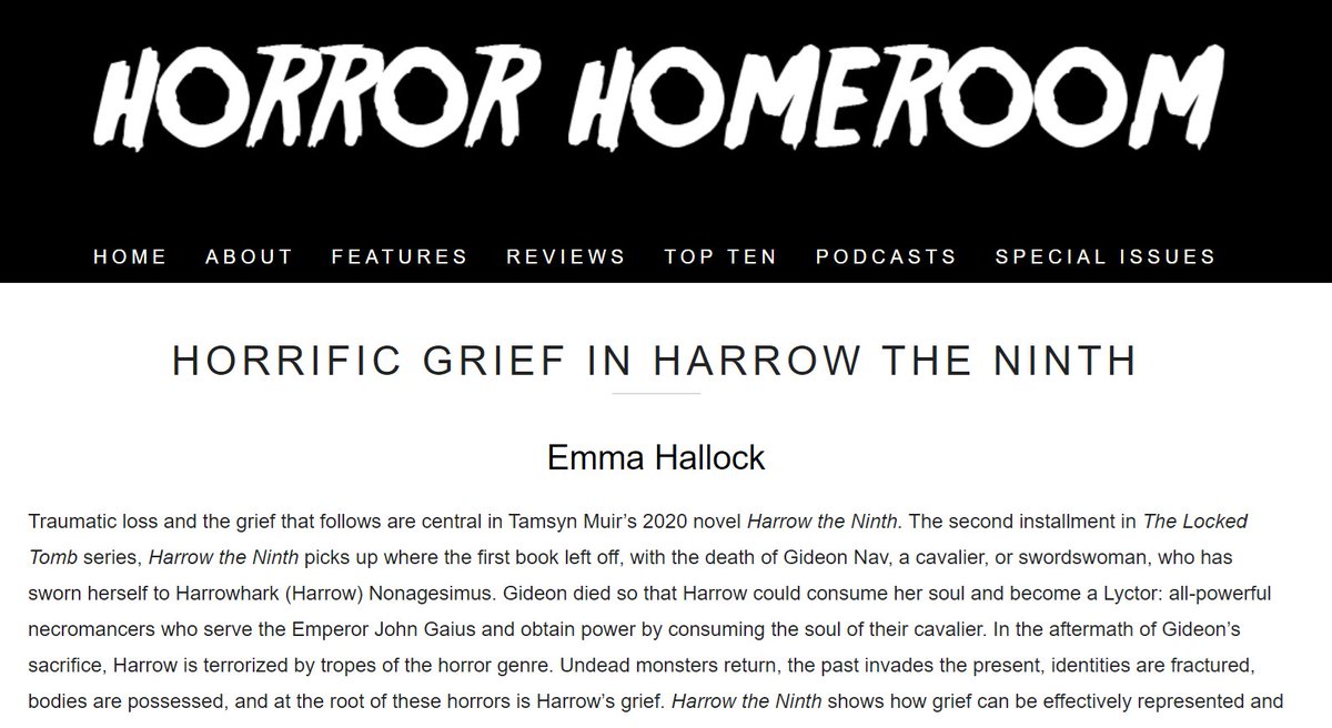 horrorhomeroom's tweet photo. Spotlighting essays in our latest special issue on #horror literature: this one by @EmmaAHallock on HARROW THE NINTH by @tazmuir - a brilliant exploration of the ways grief can be represented in literature #HarrowtheNinth https://t.co/P5uIia9QlB https://t.co/riVmGATIkT