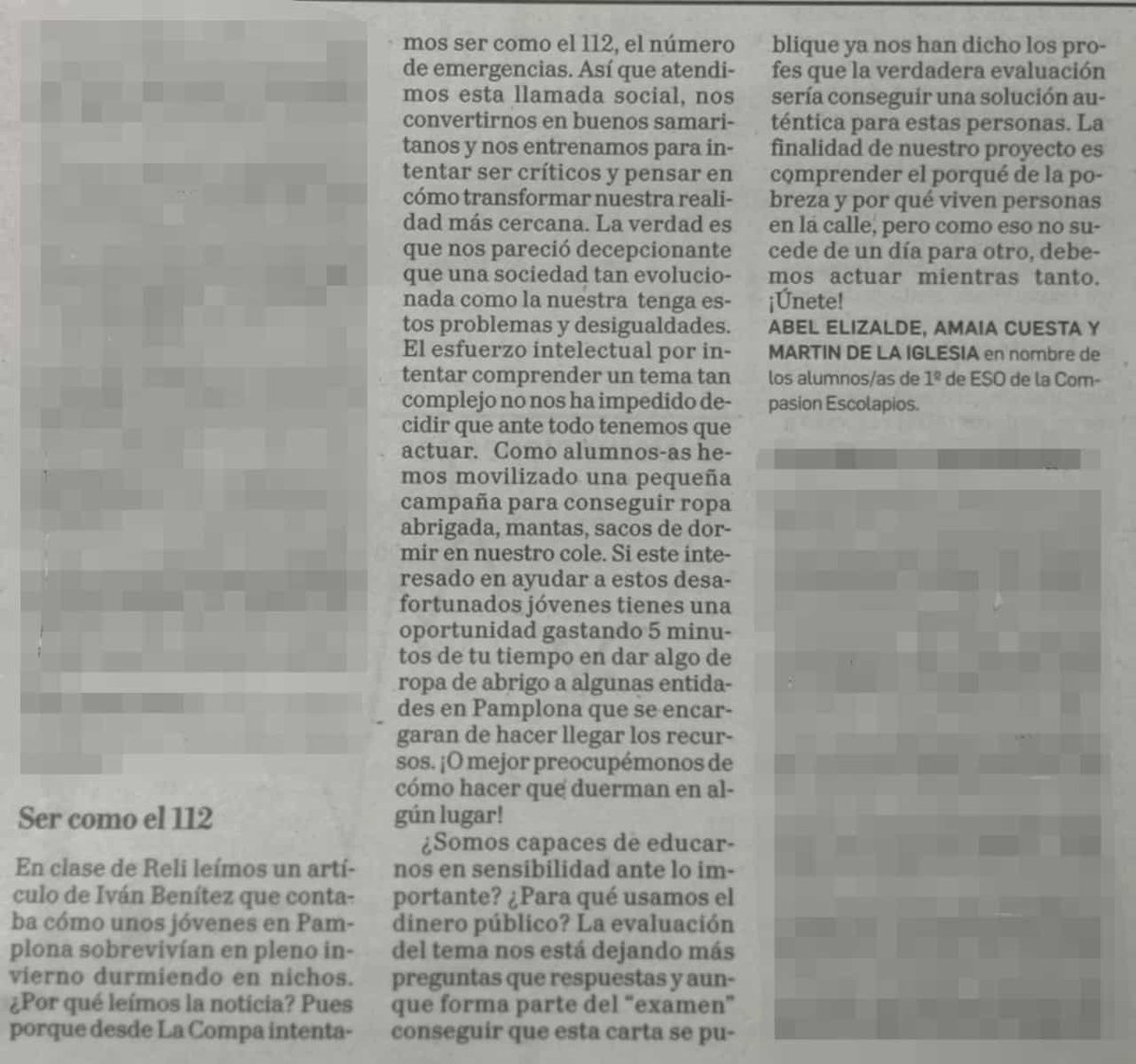 Después de leer el artículo de <a href="/ivan_benitez72/">Ivan Benitez</a> sobre las personas que estos días están durmiendo en nichos en #Pamplona #Iruña, 1ºESO ha querido dar su respuesta: