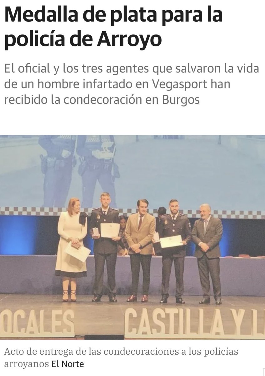 La <a href="/jcyl/">Junta de Castilla y León</a> condecoró ayer con la medalla de plata al mérito a los agentes que salvaron la vida de un hombre que sufrió un infarto que jugaba al pádel el pasado 28 de septiembre en las instalaciones de Vegasport.

Queremos hacer llegar nuestras felicidades a nuestra Policía Local.👏🏻