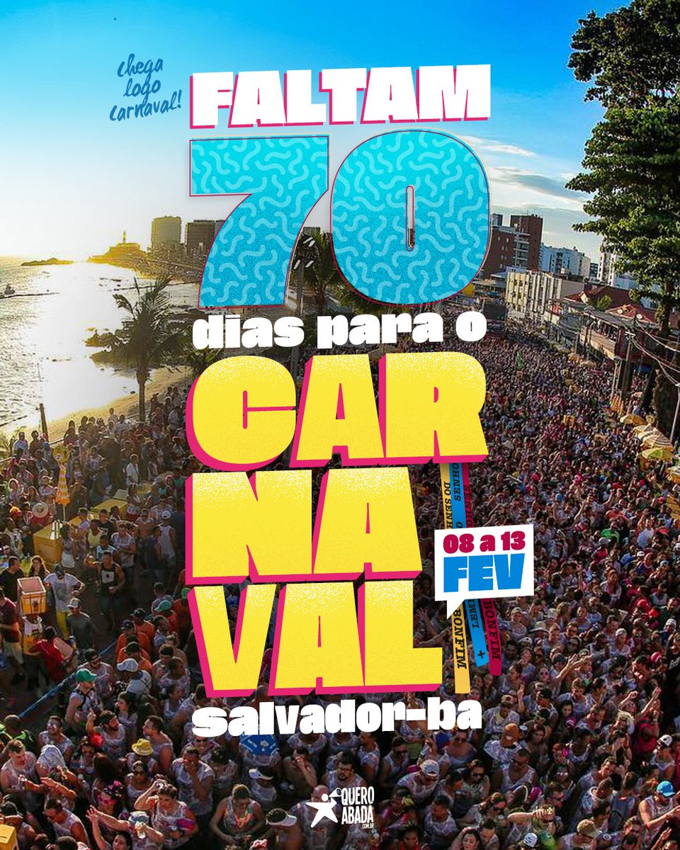queroabada's tweet photo. Tá chegando! Vai chegar! Falta pouco!
Avisa pra todo mundo que faltam 70 dias para o Carnavaaal! 🥳
#Carnaval2024 #CarnavaldeSalvador #70dias #QueroAbadá https://t.co/MyB3h8iLLc