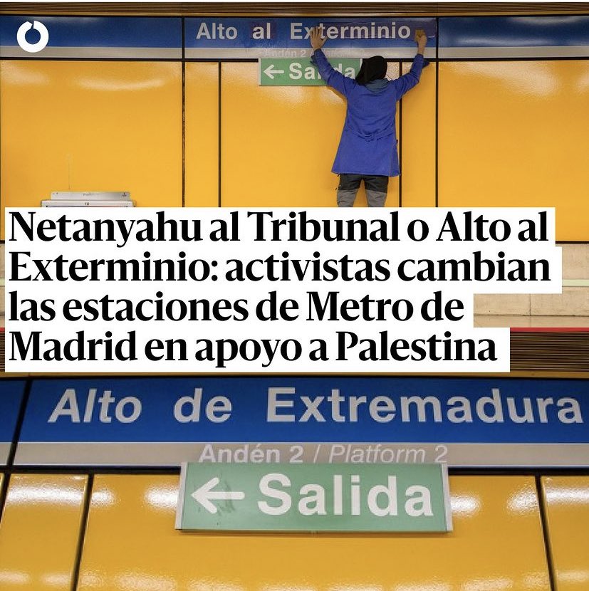 olgarodriguezfr's tweet photo. Netanyahu al Tribunal, Alto al Exterminio o Las Muertes: una acción artística cambia las estaciones de Metro de Madrid

El colectivo @redretro 

#Gaza 

👉🏼 https://t.co/67urxTQquW https://t.co/LbYpfFxMAR