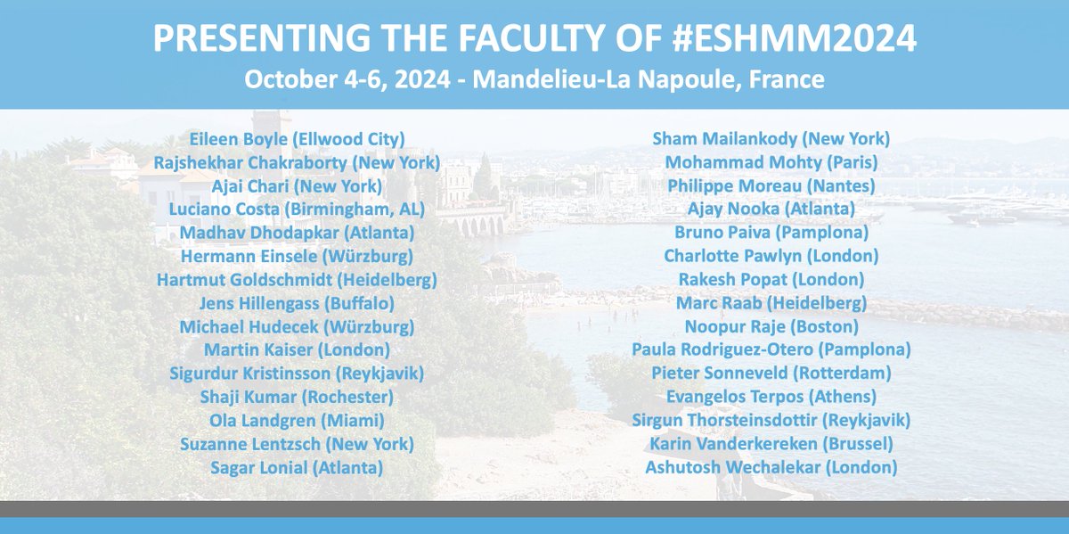 🤝 We are pleased to announce the confirmed faculty of #ESHMM2024!
More information ➡ bit.ly/3WOpbaI
7th Translational Research Conference
MULTIPLE #MYELOMA
🗓️ October 4-6, 2024
📍 Mandelieu 🇫🇷
Chairs: Hartmut Goldschmidt, @MyMKaiser, @SLentzsch
#ESHCONFERENCES #MMsm
