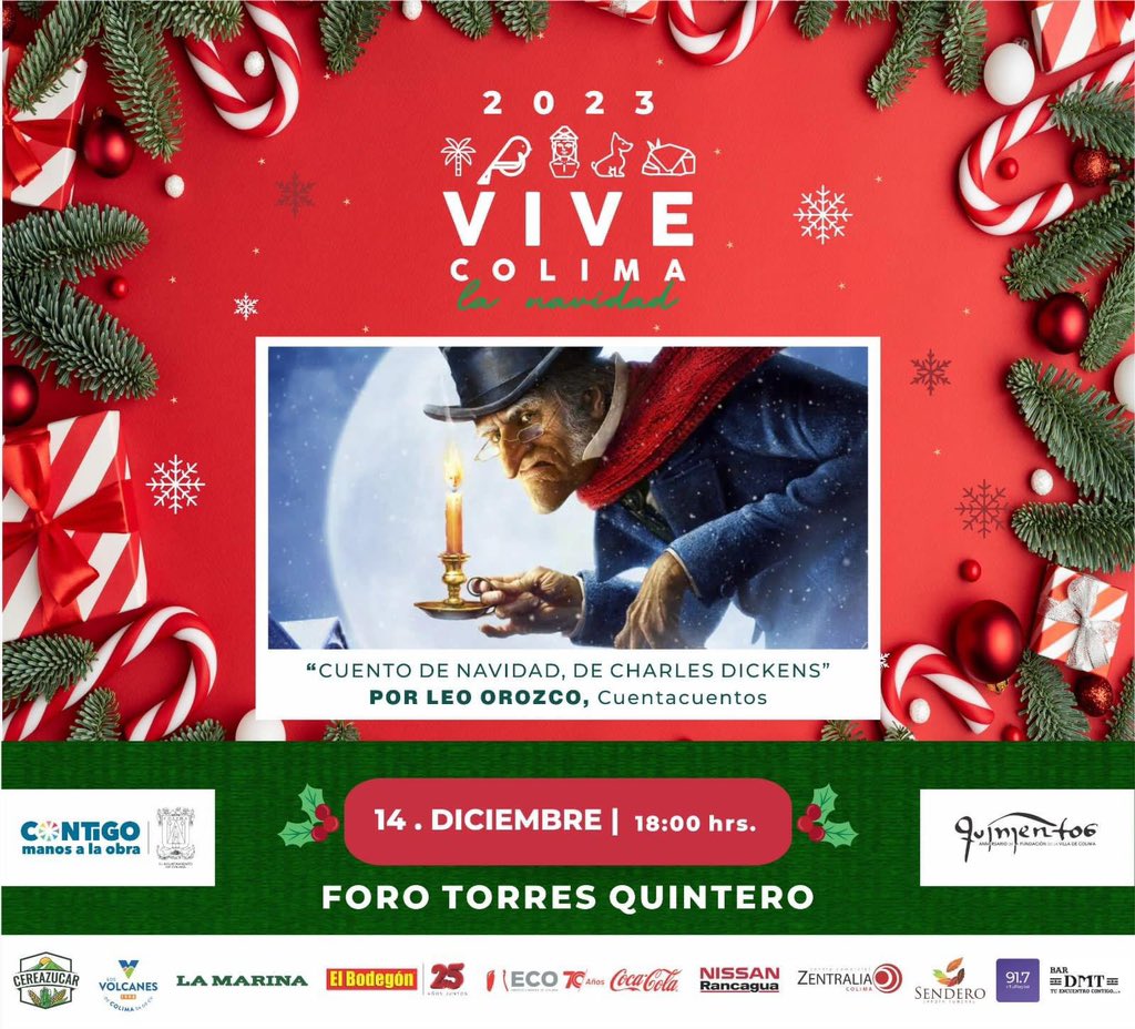 ¡El centro de Colima se llenará de mucha alegría con el festival #ViveColimaLaNavidad!

El 14 de diciembre a las 6:00 pm, te invitamos a la presentación del #CuentodeNavidad  de Charles Dickens por el cuentacuentos Leo Orozco, en el Jardín Libertad. 

¡#QueremosVerteEnElCentro!
