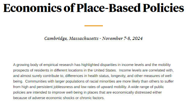 nberpubs's tweet photo. Call for papers, Economics of Place-Based Policies. The conference will be held in Cambridge, Massachusetts on November 7–8, 2024. Submit papers by 11:59pm EDT on February 8, 2024. More information: https://t.co/XSveQdSUUH https://t.co/V73JvKyP3c