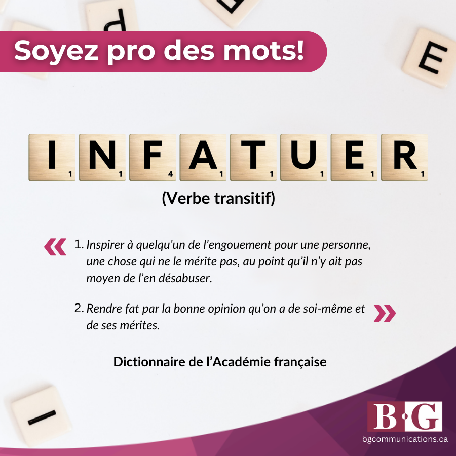 Bienvenue dans le monde des mots! Aujourd’hui, découvrez « infatuer », un verbe transitif qui éveillera votre fascination pour la richesse de la langue. 📚✨ #SoyezProDesMots #DécouvrezLesTrésorsLinguistiques