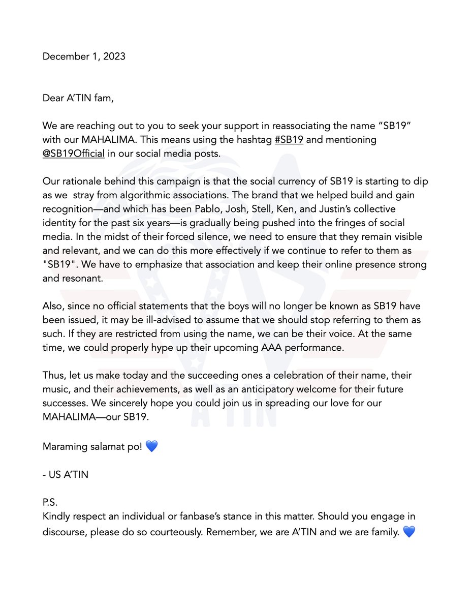 TODAY WE RESET. A’TIN fam, please join us in our social media campaign to bring SB19 back in the spotlight! Kindly read our call to action below. Thank you so much! 💙 SB19 SAGOT NG A’TIN #SB19 @SB19Official #MAHALIMA