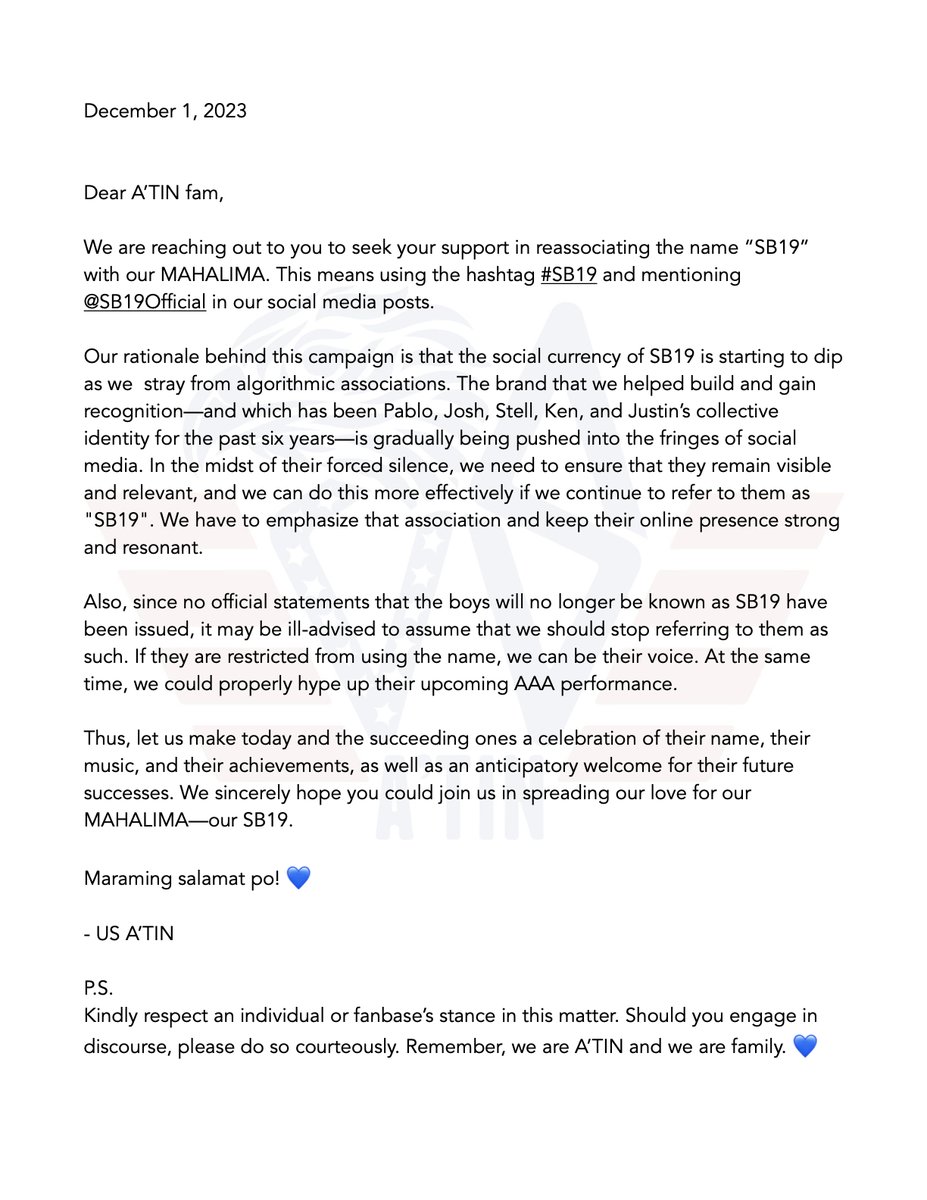 TODAY WE RESET.

A’TIN fam, please join us in our social media campaign to bring SB19 back in the spotlight! Kindly read our call to action below. Thank you so much! 💙
 
SB19 SAGOT NG A’TIN
#SB19 <a href="/SB19Official/">SB19 Official</a> #MAHALIMA