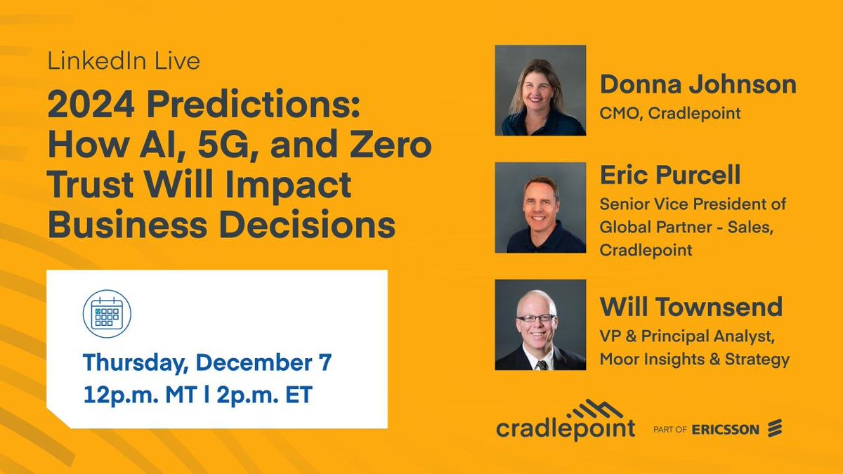 roundtownbrown's tweet photo. Tech investments are facing scrutiny as budgets are finalized for 2024. ROI matters. 3 industry leaders will discuss trends around AI, 5G, private cellular, and zero trust security. Join Cradlepoint live on December 7th: https://t.co/ve4LPPCfHZ https://t.co/KoZskoH4m8