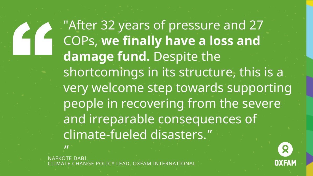 After 32 years of pressure and 27 COPs, we finally have a loss and damage fund!
#COP28 #LossAndDamage #makerichpolluterspay

oxfam.org/en/press-relea…