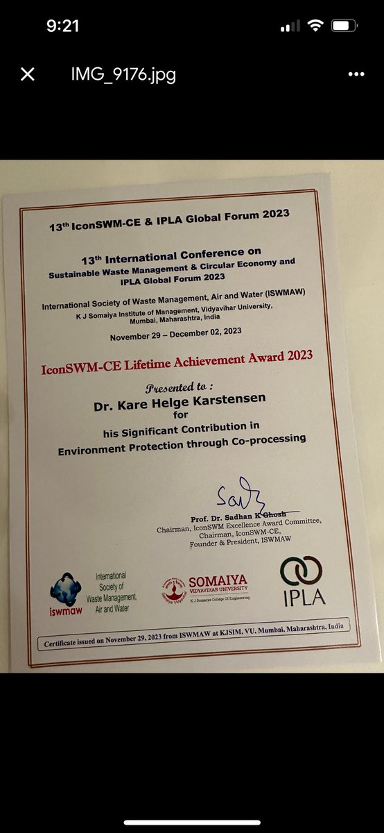 NorwayAmbIndia's tweet photo. A happy news! 

@SINTEF scientist Kåre Helge Karstensen has been awarded lifetime achievement award for contribution in environment protection by @kjsimofficial &amp; International Society of Waste Management, Air &amp; Water. A great example of 🇳🇴🇮🇳 coop on #environment @moefcc https://t.co/C3ulXyjxLT