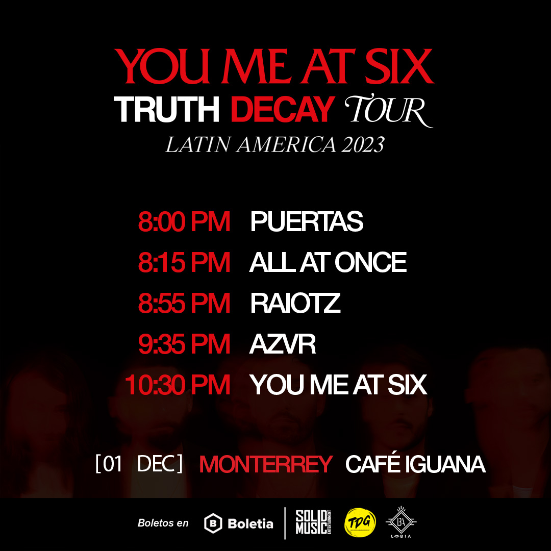 ¡Mañana se presenta @YouMeAtSix en @CafeIguanaMx! ❤️‍🔥

No se pueden perder este gran concierto de una de las agrupaciones inglesas más destacadas de la actualidad. 🇬🇧🔥

¡Aquí les compartimos los horarios! ⏰

Boletos a la venta aquí 👉 bit.ly/44X19Nb