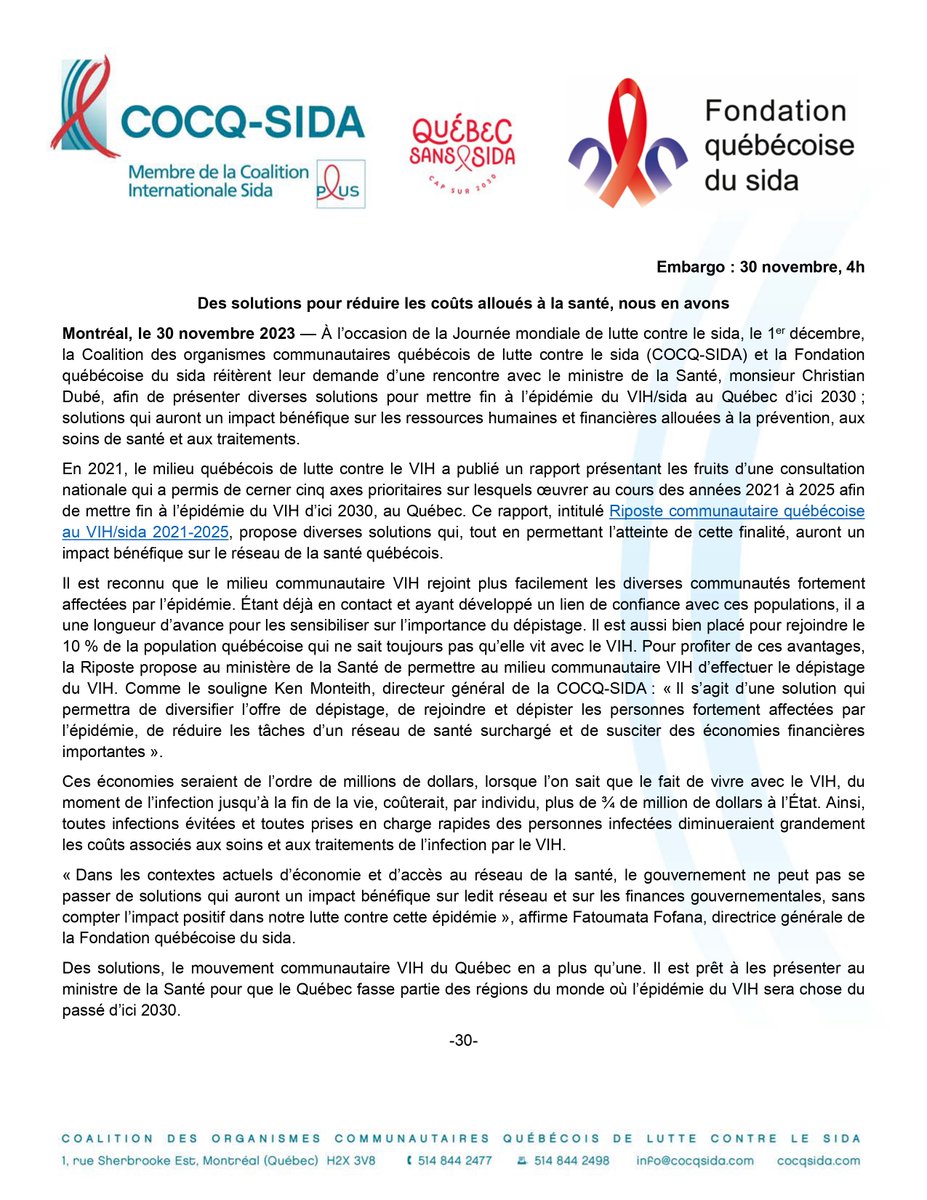 fqsida's tweet image. 📣 #Communiqué - Journée mondiale de lutte contre le sida 2023📣

👉 bit.ly/CommuniquéJMS2…

La FQS et la @COCQSIDA réitèrent leur demande d’une rencontre avec @cdube_sante @sante_qc, afin de présenter diverses #solutions pour atteindre un #QCsansSida ni #VIH d'ici 2030. ✊