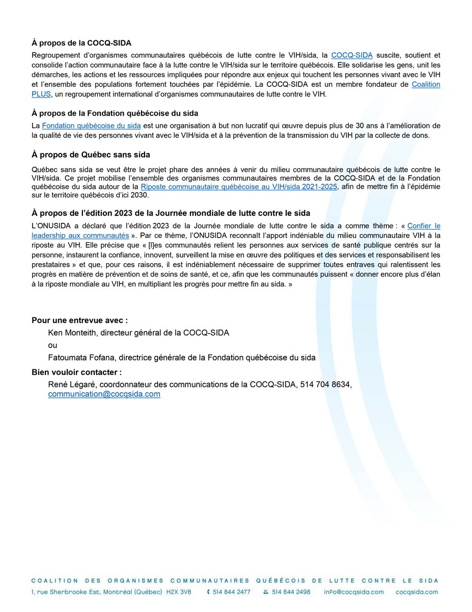 fqsida's tweet image. 📣 #Communiqué - Journée mondiale de lutte contre le sida 2023📣

👉 bit.ly/CommuniquéJMS2…

La FQS et la @COCQSIDA réitèrent leur demande d’une rencontre avec @cdube_sante @sante_qc, afin de présenter diverses #solutions pour atteindre un #QCsansSida ni #VIH d'ici 2030. ✊