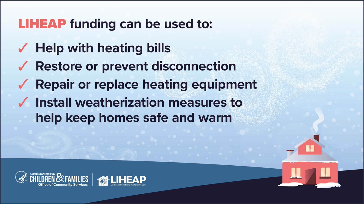 ACFHHS's tweet image. More than 1 in 4 U.S. households struggle with their home energy bills. But the Low Income Home Energy Assistance Program (LIHEAP) can help keep the heat on! To see if you qualify, visit energyhelp.us.
#LIHEAP #energyhelp #energyassistance #keeptheheaton