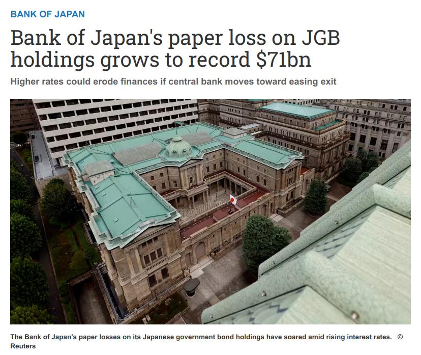 🚨 The Bank of Japan's unrealized losses on its Japanese government bond holdings swelled to 10.5 trillion yen ($71.2 billion) at the end of September, according to financial statements released Tuesday, as rising yields dragged down bond prices.