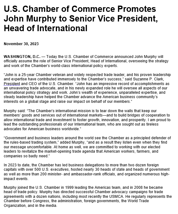 Some personal news: U.S. Chamber of Commerce Promotes John Murphy to Senior Vice President, Head of International
