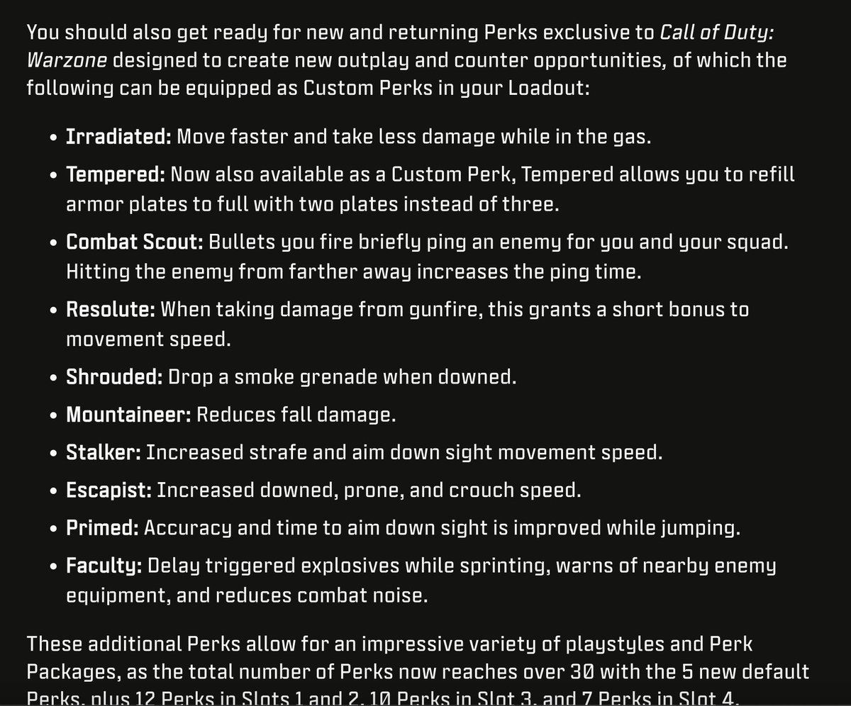 Update on Perks in Warzone: Five Perks are now going to be active by default at all times, plus a list of the new perks.