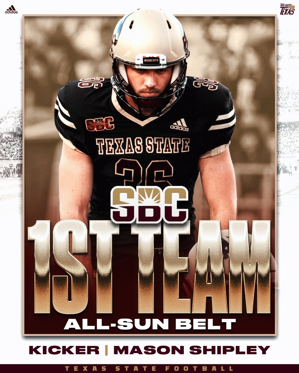 TXSTATEFOOTBALL's tweet photo. 𝐀𝐥𝐥-𝐒𝐮𝐧 𝐁𝐞𝐥𝐭 𝐅𝐢𝐫𝐬𝐭 𝐓𝐞𝐚𝐦 🏆

Mason Shipley

#EatEmUp  #TakeBackTexas https://t.co/2yoljsIiFE