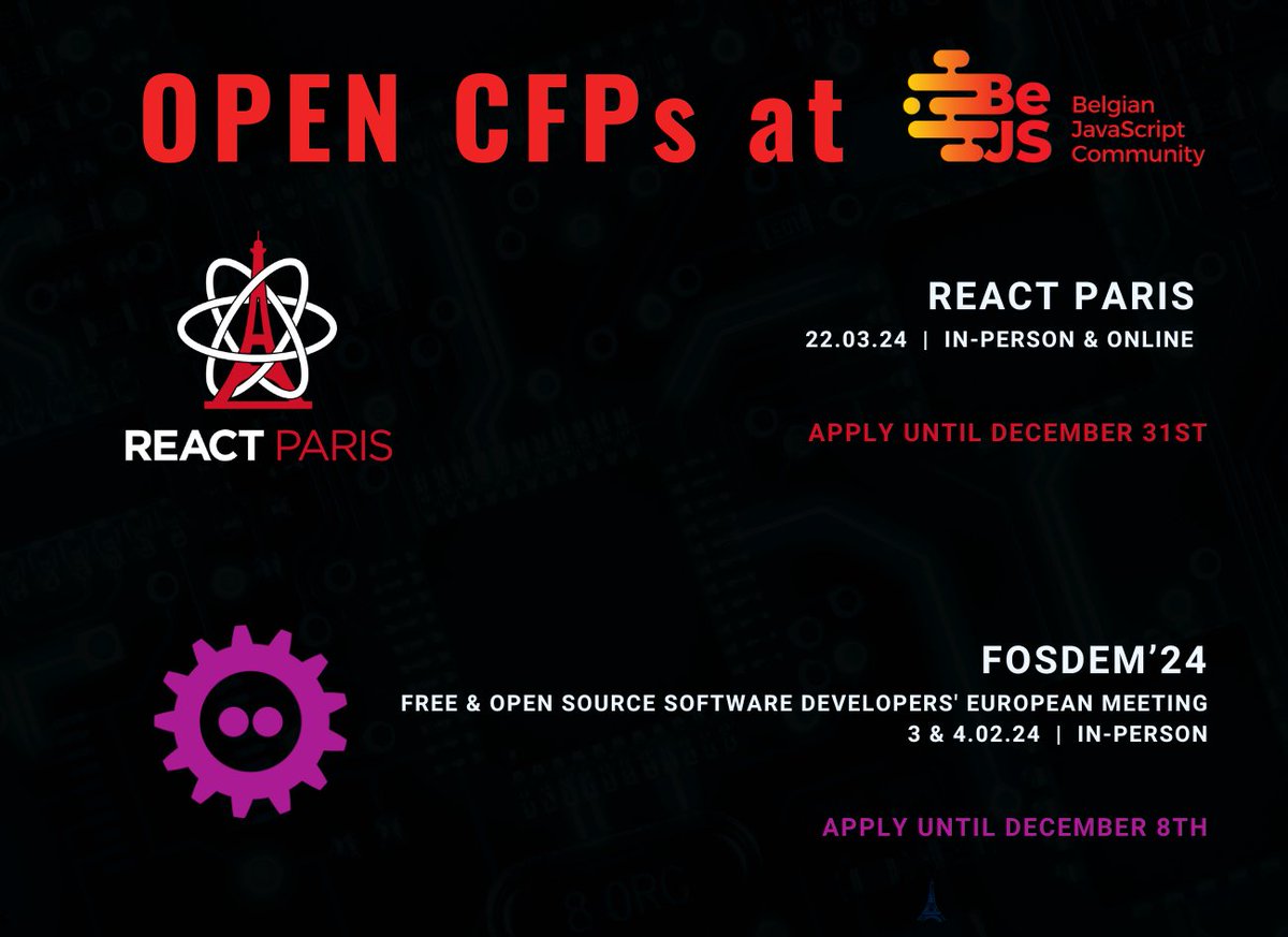 BeJS_'s tweet image. Apply for a talk at :   

📄 #ReactParis 👉🏽 forms.gle/UadfjBwHcNUyHB…
⌛Until Dec.31

________________

📄 #FOSDEM24 👉🏽 pretalx.fosdem.org/fosdem-2024/cfp
⚠️ Select the #JavaScript track
⌛Until Dec.8

#BeJS #opensource #javascript #reactjs #conference