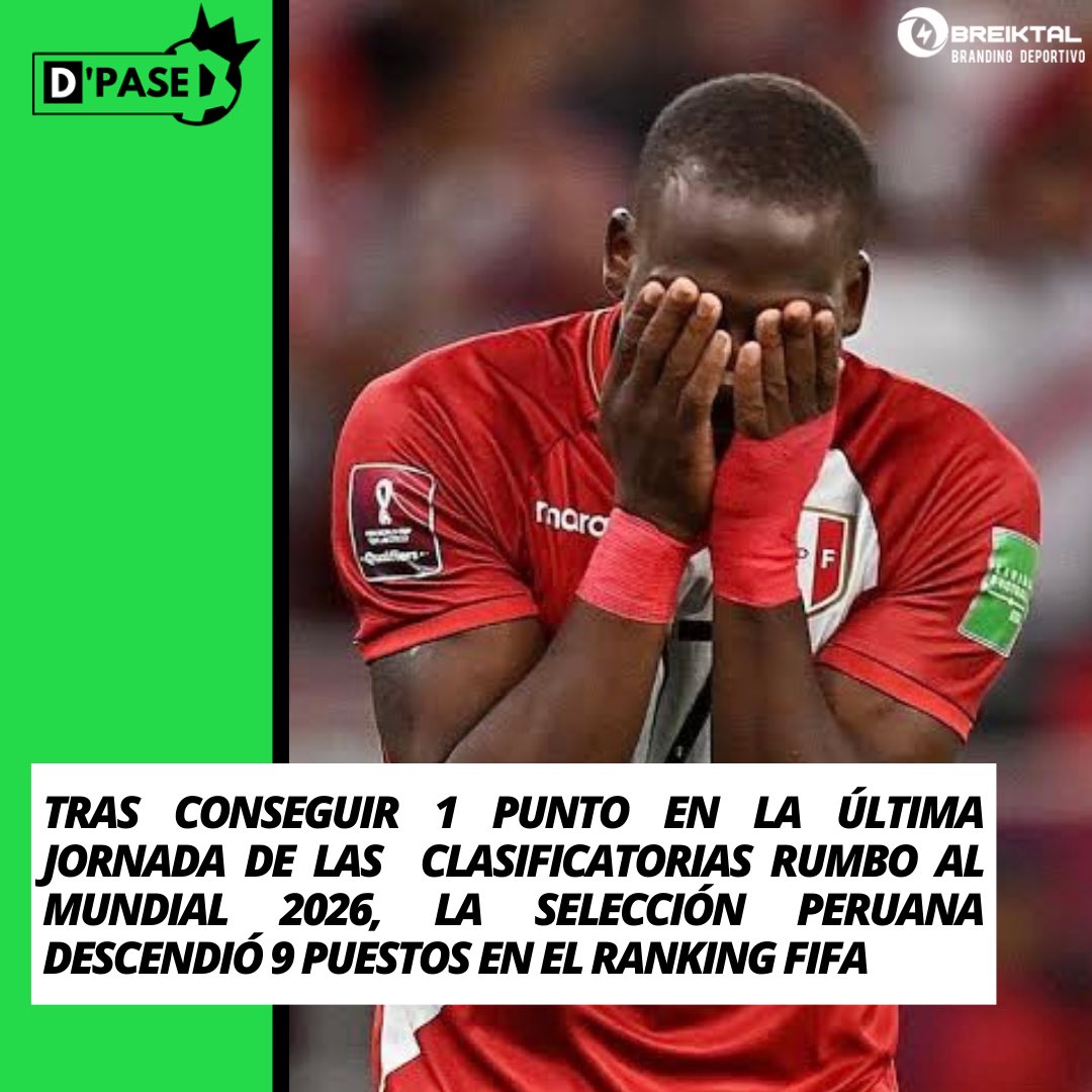 ¡PREOCUPANTE! Tras haber conseguido 1 punto en la última jornada de las clasificatorias rumbo al Mundial 2026, la selección peruana descendió 9 puestos en el Ranking FIFA. #Dpase #seleccionperuana #FIFARanking ✍🏻: @ValeriaNoriegaF