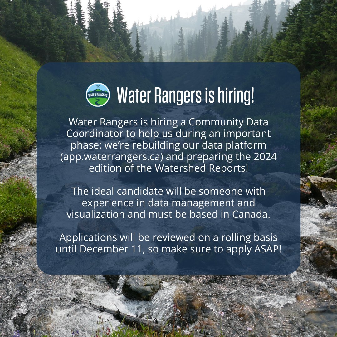 We're hiring a Community Data Coordinator! 

If you're passionate about data &amp; the environment, this job is for you. 

Full details here: waterrangers.ca/2023/11/27/job…

Please share widely- we're looking for someone awesome for this exciting role!