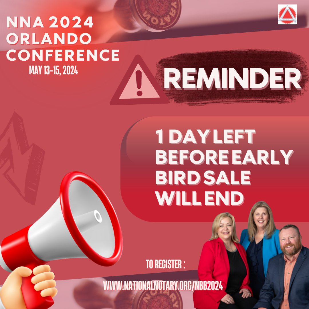 GotNotary's tweet image. Only 1 day left to secure your spot on the journey to Notary excellence! Take your career to new heights - reserve your place at nationalnotary.org/nbb2024 . Don't let this opportunity slip away! #NotaryExcellence #OrlandoSummit #LimitedTimeOffer #NotaryLegacy #NBB2024Journey