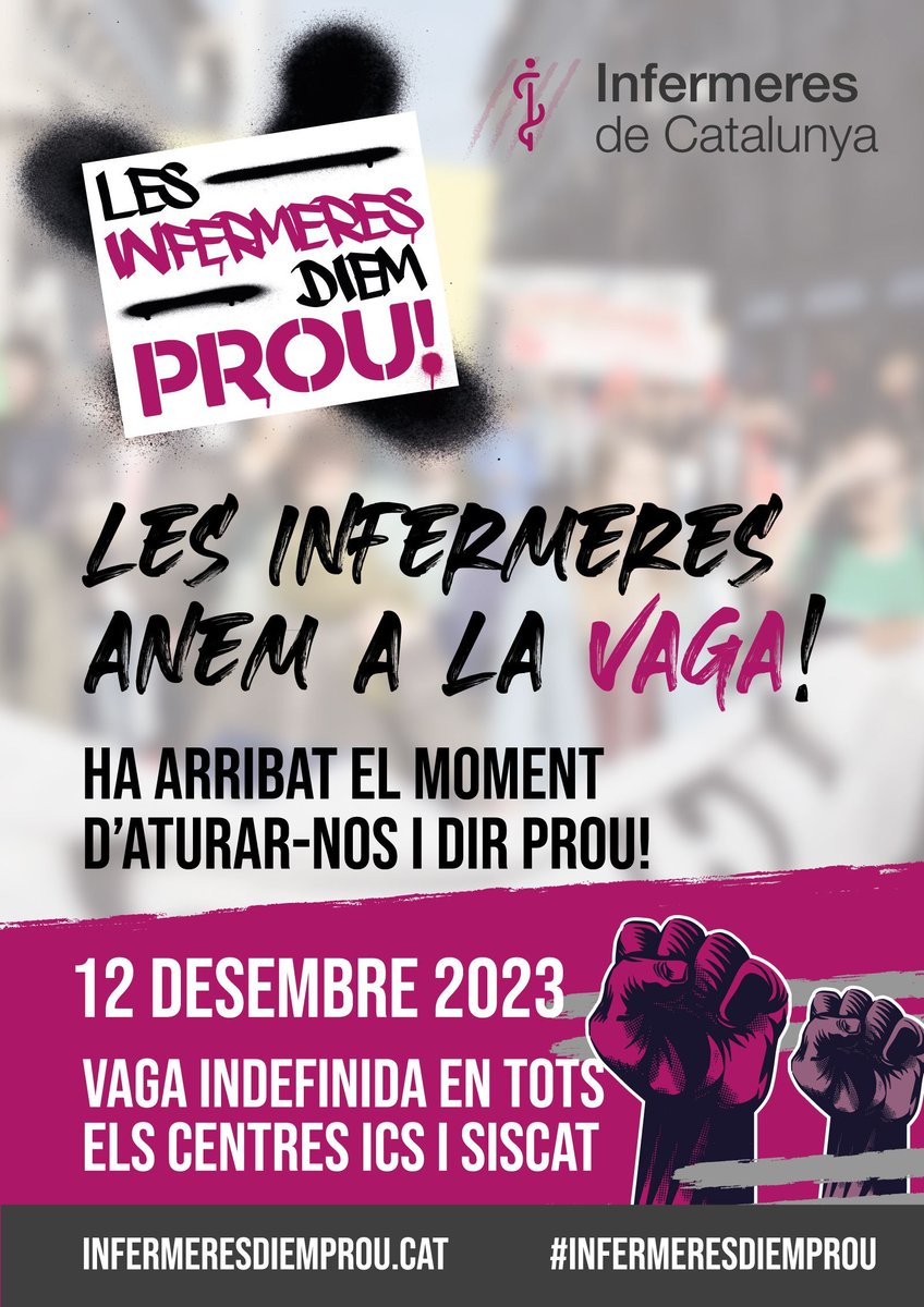 Les infermeres i els infermers de Catalunya anem a la vaga!
IDC convoquem a la vaga indefinida a totes les infermeres i infermers del sistema públic de salut de Catalunya.

𝗩𝗔𝗚𝗔 𝗜𝗡𝗗𝗘𝗙𝗜𝗡𝗜𝗗𝗔
12 DE DESEMBRE
INICI A LES 7:00
A TOTS ELS CENTRES DEL SISCAT I ICS