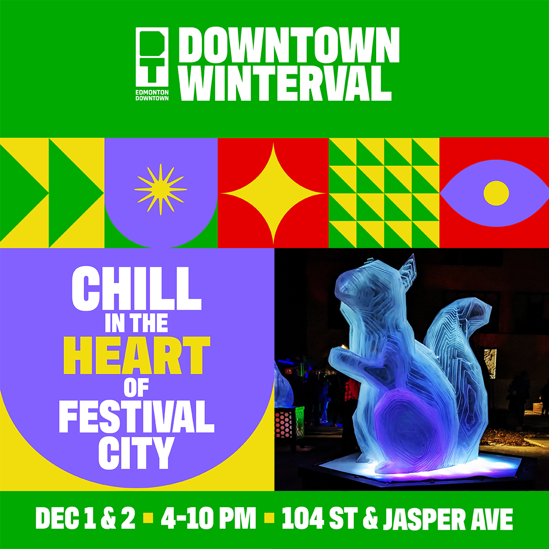104 St now has Christmas trees lining the sidewalk! During #DowntownWinterval, you can also check out glowing art sculptures by Ken Hacke. Find the colourful Forest Animals scattered throughout the festival grounds. edmontondowntown.com/winterval/