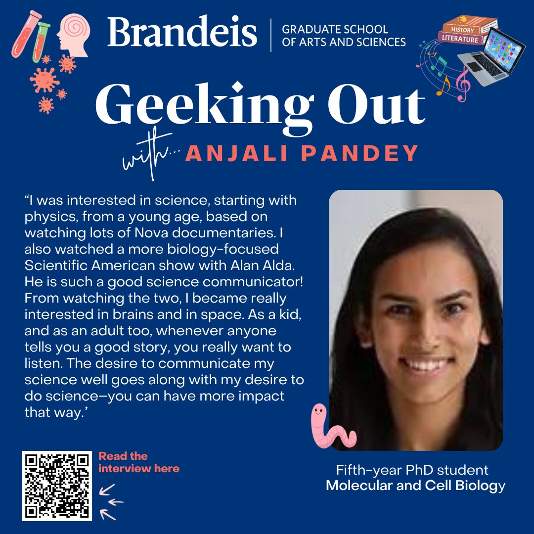 Brandeis University GSAS (@brandeisgsas) on Twitter photo Anjali Pandey <a href="/anjalipandey009/">Anjali 🍂</a>, a fifth-year PhD MCB student, recently joined Geeking Out With…to discuss her passion for researching & communicating science through story-telling & why C. elegans worms make great test subjects!
Read the interview - ow.ly/qCV550Qaqrw Anjali Pandey <a href="/anjalipandey009/">Anjali 🍂</a>, a fifth-year PhD MCB student, recently joined Geeking Out With…to discuss her passion for researching & communicating science through story-telling & why C. elegans worms make great test subjects!
Read the interview - ow.ly/qCV550Qaqrw