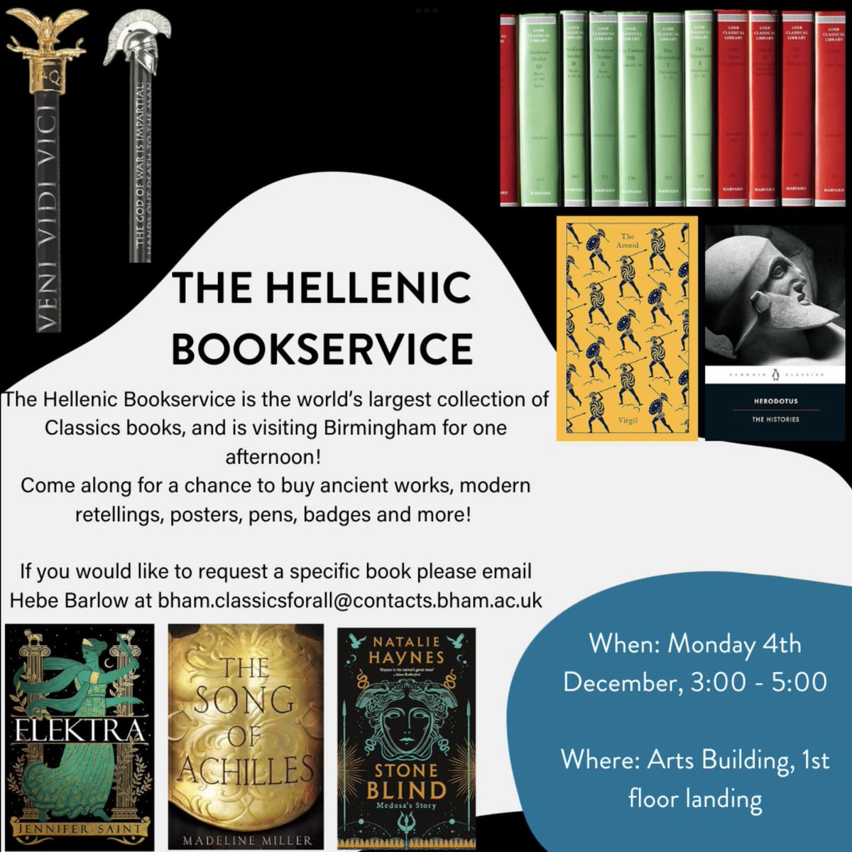 CAHA PG Forum (@cahapgforum) on Twitter photo On Monday the 4th of December the Hellenic Bookservice, which has the largest collection of Classics and Modern Greek books in the world, will be visiting Birmingham!
Find them on the 1st floor landing of the Arts Building from 3:00 – 5:00! On Monday the 4th of December the Hellenic Bookservice, which has the largest collection of Classics and Modern Greek books in the world, will be visiting Birmingham!
Find them on the 1st floor landing of the Arts Building from 3:00 – 5:00!