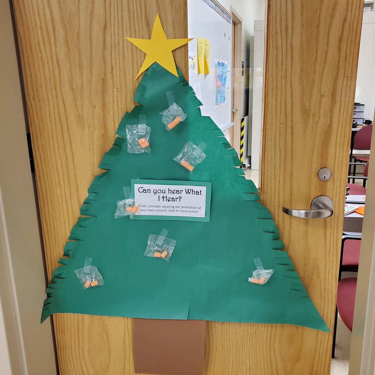My door at work. I'm a audiologist. I am not an artist but hopefully it is ok. #Audiologist #ProtectYourHearing #EducationalAudiologist #holidays #HolidayDecorations