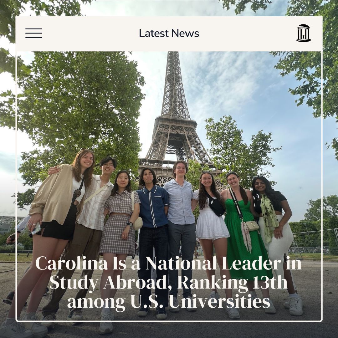 The latest from UNC Global: The 2023 Open Doors Report ranked UNC-Chapel Hill 13th among U.S. institutions sending students abroad for academic credit during the 2022-23 academic year. 

go.unc.edu/opendoorsranki…