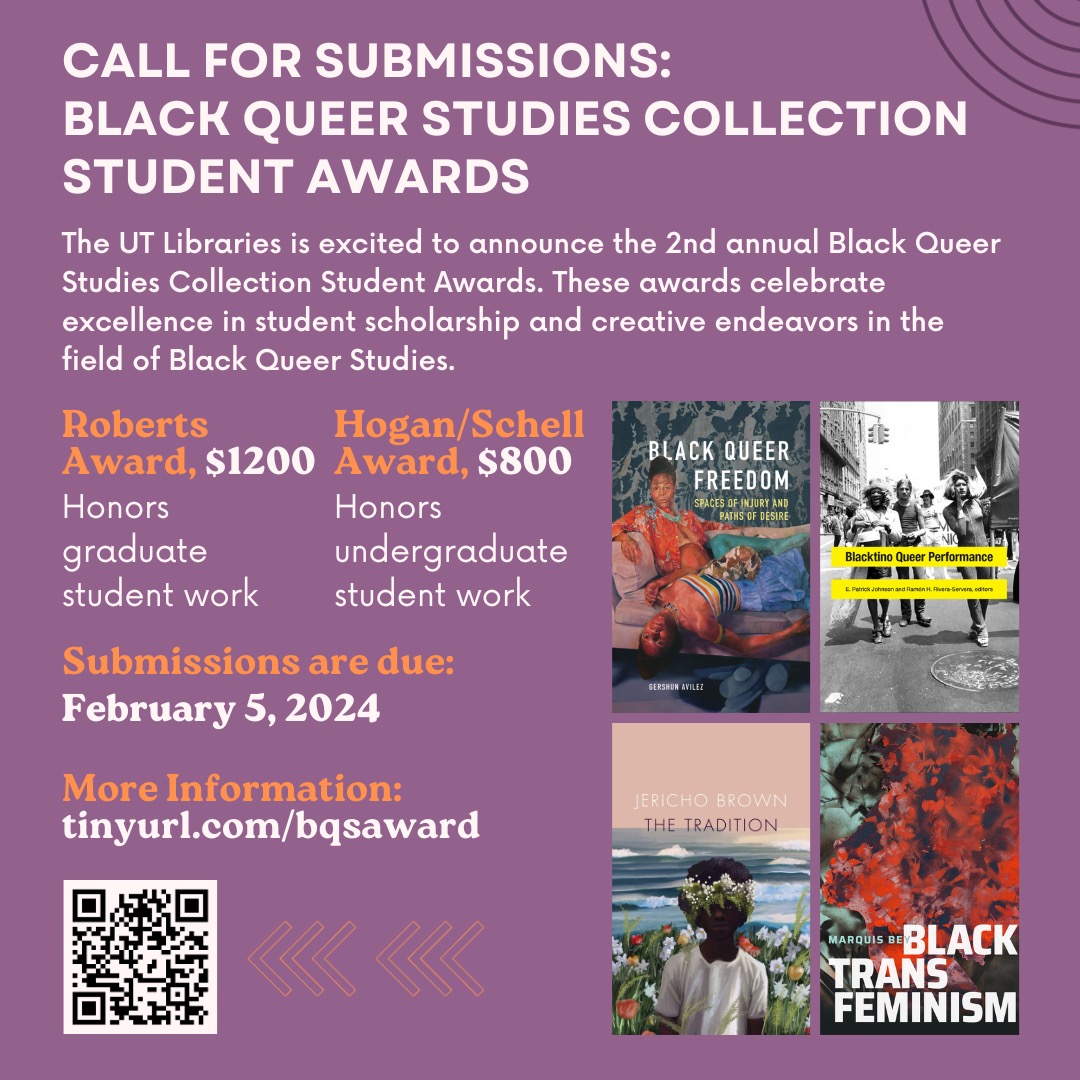 🏳️‍🌈✨ 🎓 Submit your class papers and creative works to win $$$! 📚💸 Join the second annual Black Queer Studies Collection Student Awards celebrating student excellence inspired by the Libraries' collection. Apply now: ow.ly/ERbL50QcVuE 🌈📝