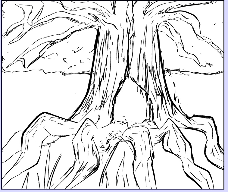 進捗 フリーハンドで描いた樹とブラシ素材の岩 あわ・・・あわわ・・・マッチしない・・・ (見開きのページ)