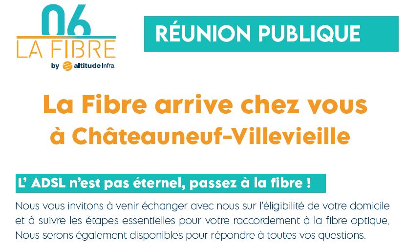 LaFibre_06's tweet photo. [#J-1]

RDV demain à 18h à la salle du Troubadour pour parler #fibreoptique, #raccordement et #THD

🏰336, avenue de la Tour à #ChâteauneufVillevieille 

À fond la #fibre ! 🚀

#altitudeinfra #thd06 #sictiam #alpesmaritimes https://t.co/RhuaJ0mU6w