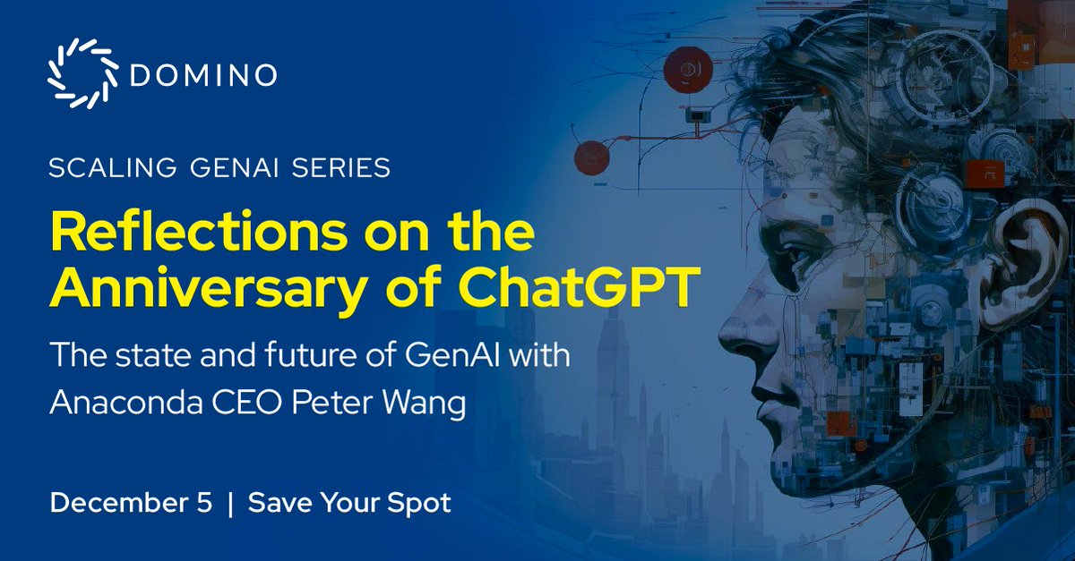 DominoDataLab's tweet photo. π Join us Dec 5th with Dr. Kjell Carlsson & @anacondainc CEO Peter Wang for a webinar on Generative AI! π Explore its current state, challenges & future possibilities. π
Dec 5 | π 9AM PT/12PM ET/5PM BST. Register now π https://t.co/q5RcTh3SGF #GenerativeAI #DominoDataLab https://t.co/xlvQpu1fuK
