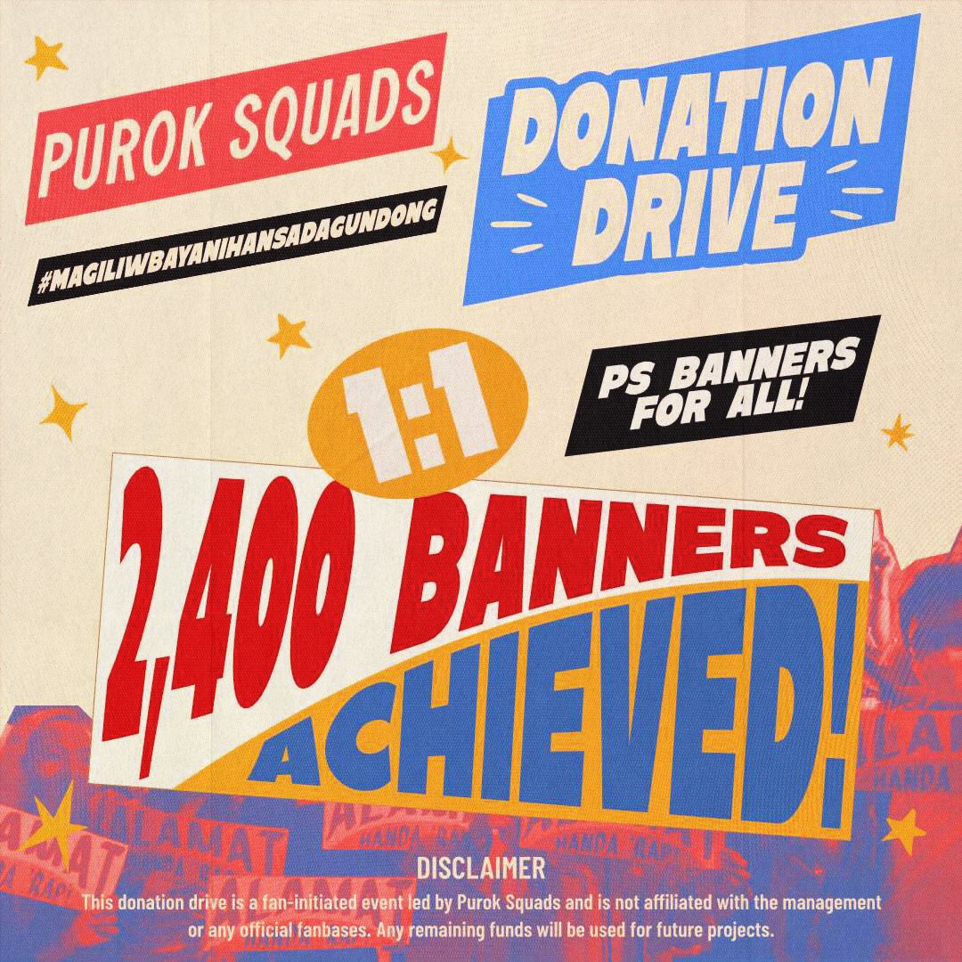 Purok Squads is happy to announce that we have achieved our “1:1 - Magiliw:Banner” goal! 💯

Not only did we reach the donation quota, but even surpassed it! 

✨ EACH AND EVERY MAGILIW WATCHING DAGUNDONG WILL GO HOME WITH A PUROK SQUAD BANNER! ✨

#MagiliwBayanihanSaDagundong