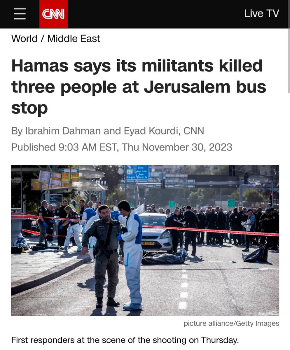 Hamas begged for this ceasefire. Activists worldwide demanded it. Gunning down Jewish civilians at a bus stop is NOT a ceasefire. To all of you carrying water for Hamas in our streets and in our universities, this is exactly what you are supporting. cnn.com/2023/11/30/mid…