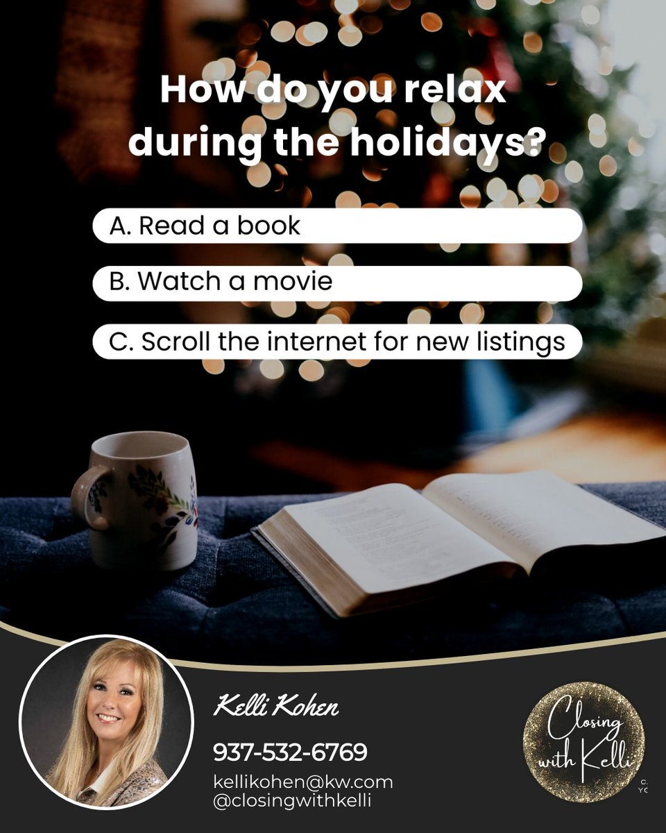 When you are unwinding during the festive season, are you cozying up with a book, binge-watching movies, or... house hunting? 😄 Which one are you? 

If you picked option C then let's chat about those listings!

#sharedjourney #letsconnect #listings #holidays #Kwadvisorsdayton