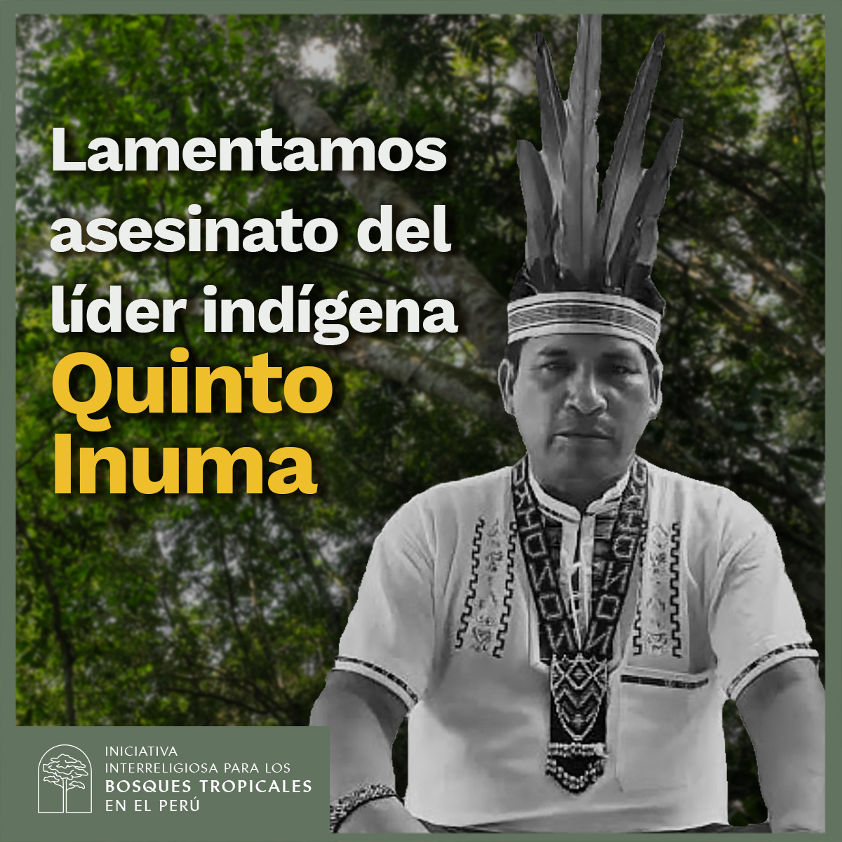 IriPeru's tweet photo. 🚨IRI Perú lamenta profundamente el asesinato del líder indígena kichwa Quinto Inuma Alvarado y pedimos protección efectiva para los #DefensoresAmbientales.
🚫Estos hechos no deben quedar impunes. Exigimos a las autoridades administradoras de justicia una investigación inmediata. https://t.co/Dimiu7Vlm1