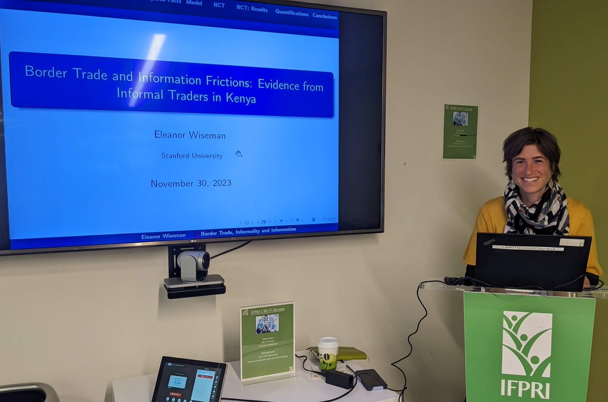 JEAllenIV's tweet photo. Today's @IFPRI Applied Micro &amp; Development speaker is @EleanorWiseman (postdoc @StanfordKingCtr @FoodSecurity_SU &amp; soon AP @UW_AAE).
.
Official stats may ignore informal traders, but she does not! Sending them info on tariffs &amp; local prices post border closing ⬆️s trader profits. https://t.co/s4BM6UlZaD