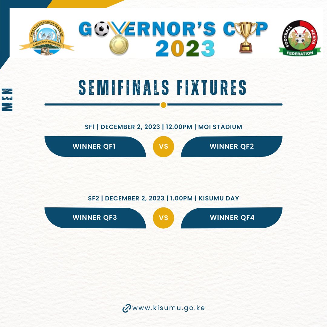 GovernorsCupKsm's tweet photo. #GovernorsCupKisumu MENS VENUES &amp; FIXTURES SCHEDULE

VENUE: MOI STADIUM
02.12.23
  9am -  QF1
  10.30am - QF3
  12pm - SF1

03.12.23
  9am - Ladies' Final
  11am - Men's Final

VENUE: KISUMU DAY
02.12.23
  9am - QF2
  10.30am - QF4
  1pm - SF2

#TalantaHela #NoExcuse #EndSGBV https://t.co/QuRINFD0lC