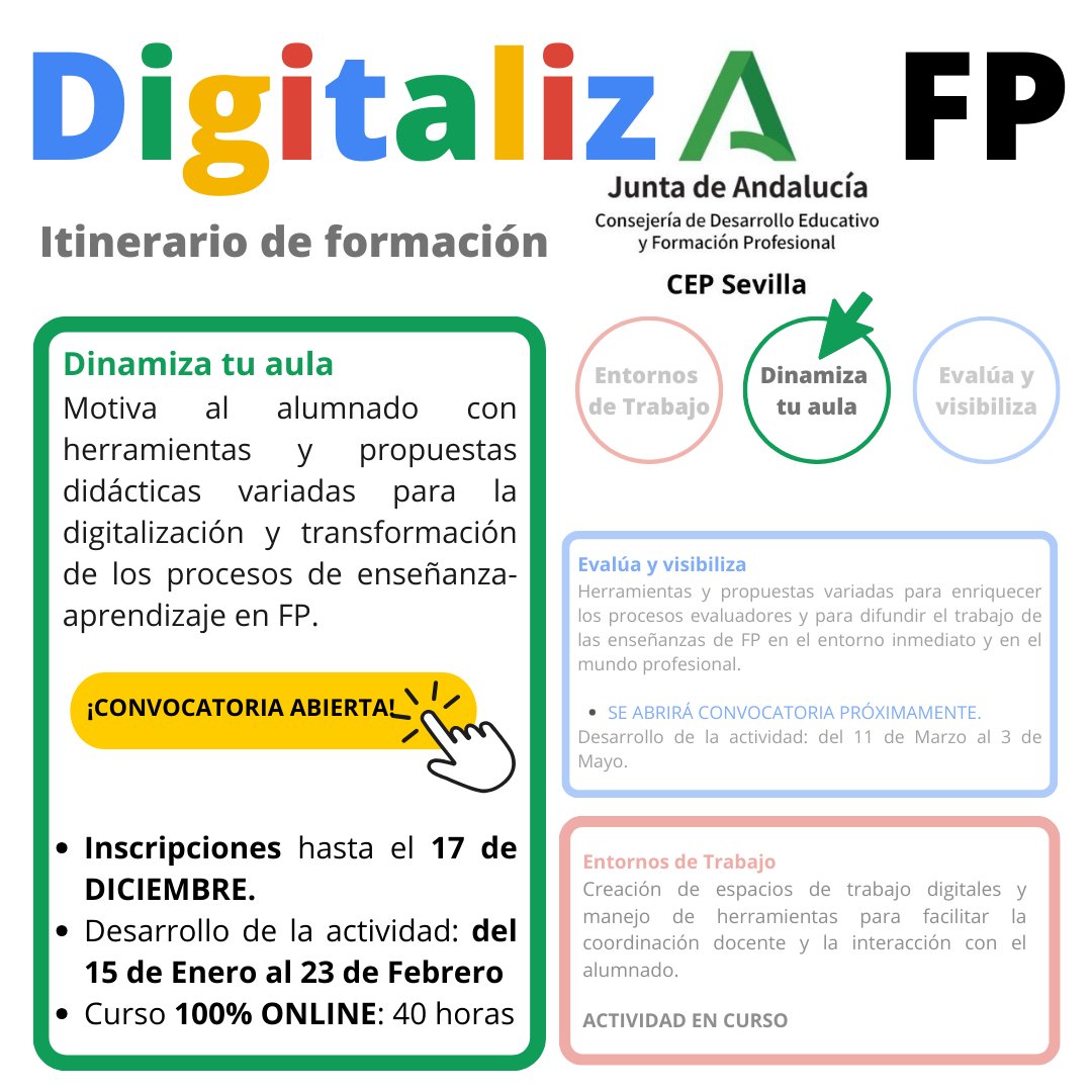 ¡SEGUIMOS! Convocatoria Regional del Itinerario #DigitalizaFP 🟢#DinamizaTuAula con herramientas <a href="/GoogleWorkspace/">Google Workspace</a> (y muchas más) para 🧑🏼‍💻👩🏽‍💻Profesorado de Formación Profesional <a href="/FPAndaluza/">Formación Profesional Andaluza</a> 🧑🏽‍🔧👨🏼‍🎨👩🏽‍🏭👩🏻‍🍳👩‍🌾👷🏼‍♂️ 
📥¡INSCRIPCIONES hasta el 17 Diciembre <a href="/CEPSevilla/">CEP de Sevilla.</a> 
juntadeandalucia.es/educacion/secr…